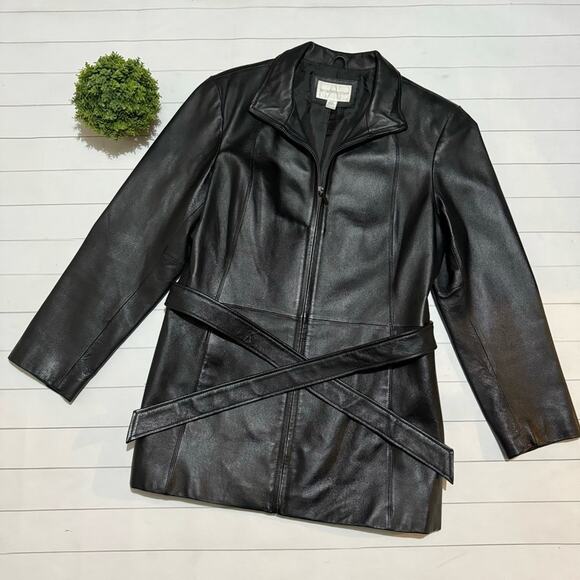 Worthington Black Genuine Leather Full Zip Belted Jacket Coat Women’s Size Large - Picture 1 of 5